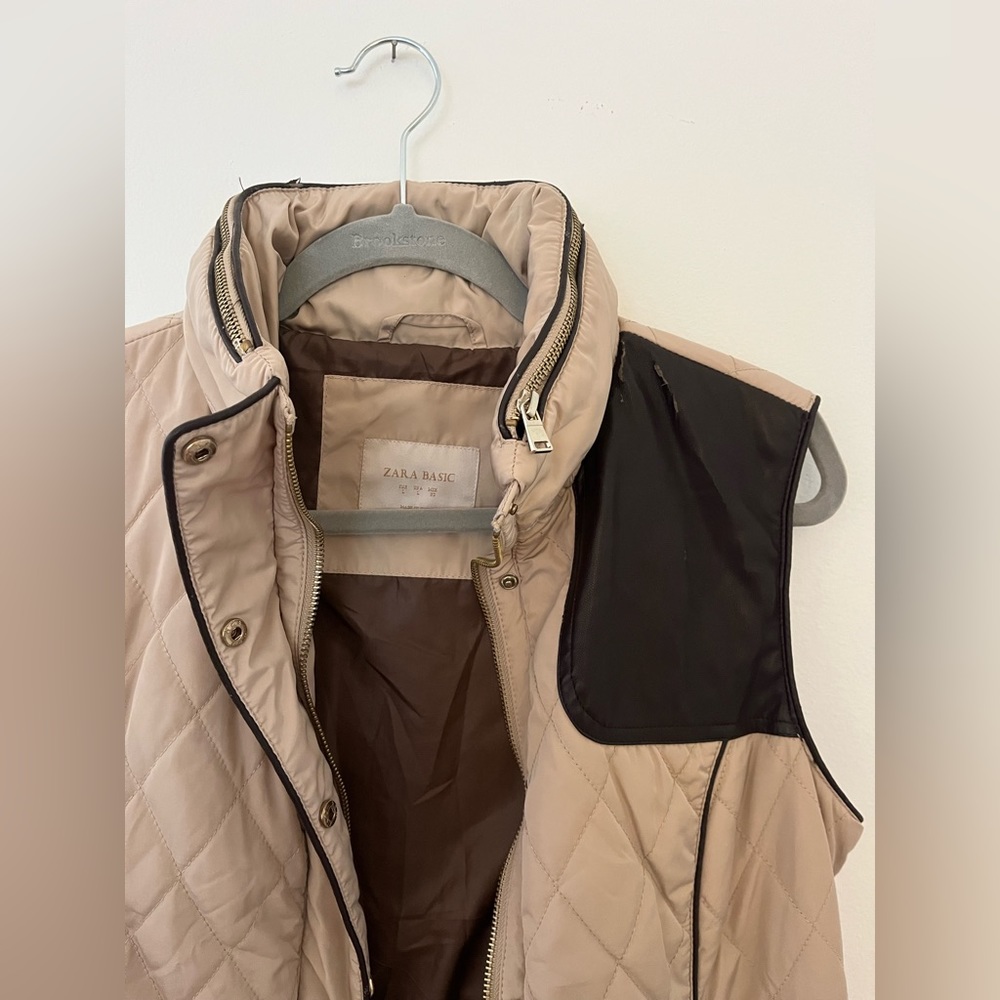 Zara Basic, Size Large Down Vest With Leather Det… - image 3
